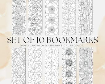 Floral Patterns Coloring Bookmark Designs, Set of 10 DIY (PDF and PNG Download) V5
