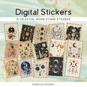 Puede incluir: Un conjunto de 15 pegatinas digitales con diseños de luna celestiales. Cada pegatina, con forma de sello postal, presenta ilustraciones de lunas, estrellas y elementos florales en un estilo vintage. Se muestra el texto "Digital Stickers" y "15 Celestial Moon Stamp Stickers".