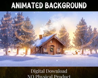 Può includere: Sfondo invernale animato con una baita di legno innevata, circondata da alberi innevati con luci a corda. Il testo "ANIMATED BACKGROUND" è in alto. Il testo "DIGITAL DOWNLOAD NO PHYSICAL PRODUCT" è in basso.