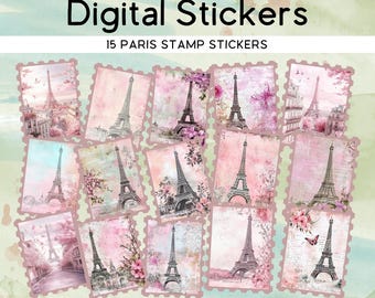Paris Stamp Stickers, 15 PNG + PDF Sheet, Digital Download for Planner, Journal, Scrapbooking V2