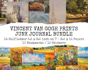 Vincent Van Gogh Prints, Junk Journal Bundle, Printable Pages, Bookmarks & Stickers, Digital Download Kit