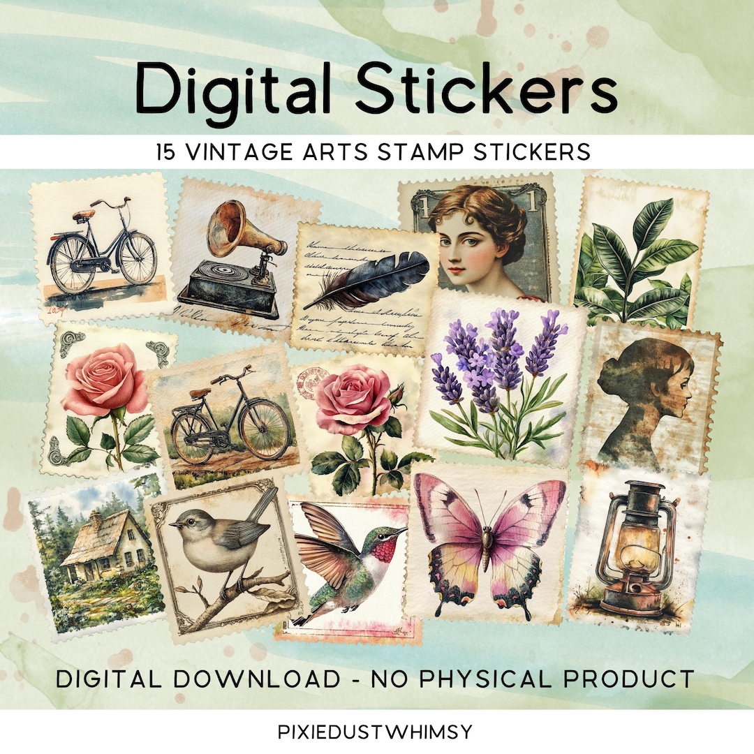 Vintage Arts Stamp Stickers, 15 PNG + PDF Sheet, Digital Download for ...