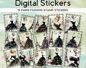Paris Fashion Stamp Stickers, 15 PNG + PDF Sheet, Digital Download for Planner, Journal, Scrapbooking V1