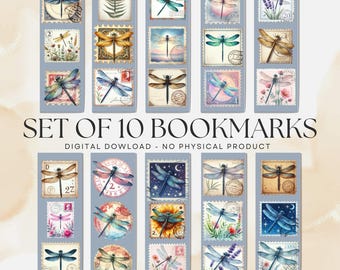 May include: A set of 10 dragonfly-themed bookmarks. Each bookmark features a unique dragonfly illustration on a postage stamp design. The text "SET OF 10 BOOKMARKS" and "DIGITAL DOWNLOAD - NO PHYSICAL PRODUCT" are visible.