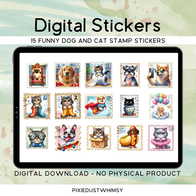 Funny Dog and Cat Stamp Stickers, 15 PNG + PDF Sheet, Digital Download ...
