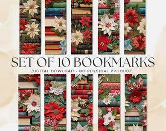 Christmas Poinsettias, Set of 10 Printable Bookmarks, Book Lover Gift (PDF and PNG Download)