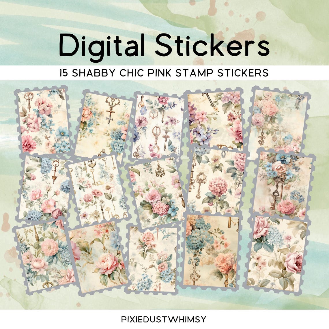 Shabby Chic Pink Stamp Stickers, 15 PNG + PDF Sheet, Digital Download ...