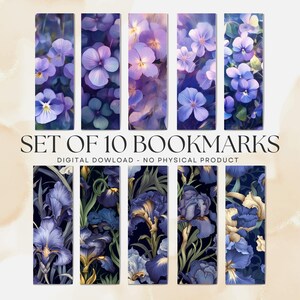 May include: Set of 10 digital bookmarks featuring floral designs. The top row showcases purple pansies, while the bottom row displays iris blooms. The text "SET OF 10 BOOKMARKS" is visible.