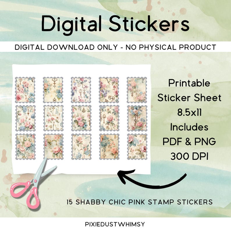 Shabby Chic Pink Stamp Stickers, 15 PNG + PDF Sheet, Digital Download ...