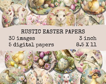 May include: A collection of rustic Easter-themed digital papers. The image features circular designs with illustrations of ducks, bunnies, eggs, and flowers. The text reads "RUSTIC EASTER PAPERS", "30 images", "5 digital papers", "3 inch", and "8.5 X 11".