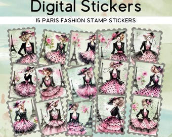 Paris Fashion Stamp Stickers, 15 PNG + PDF Sheet, Digital Download for Planner, Journal, Scrapbooking V2