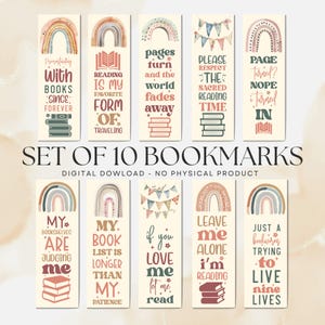 May include: Set of 10 decorative bookmarks with rainbow and book illustrations. Each bookmark features a unique quote about reading, such as "Reading is my favorite form of traveling." The bookmarks are a digital download.
