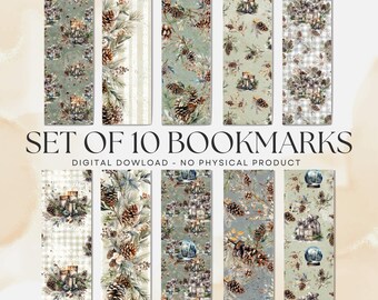 Rustic Boho Christmas, 10 Printable Bookmarks, Book Lover Gift (PDF and PNG Download)