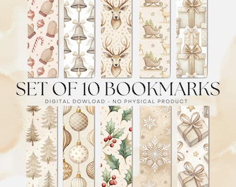 Neutral Boho Christmas, 10 Printable Bookmarks, Book Lover Gift (PDF and PNG Download)