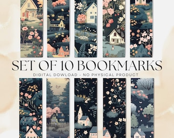 Cottagecore Village Bookmarks: Blue & Pink Designs (PDF and PNG Digital Download)