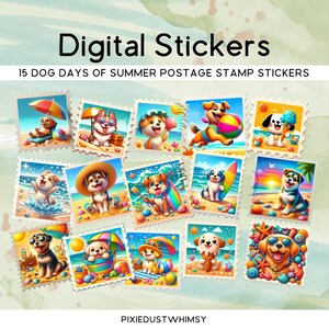 Può includere: Adesivi digitali con illustrazioni di cani in un design a francobollo. Ogni francobollo mostra un cane in una scena estiva sulla spiaggia con ombrelloni, tavole da surf e gelati. Il testo 'Digital Stickers' e '15 Dog Days of Summer Postage Stamp Stickers' sono visibili.