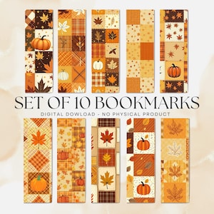 May include: Set of 10 autumn-themed bookmarks. Each bookmark features a patchwork design with pumpkins, maple leaves, and various patterns in shades of orange, brown, and cream. The text "SET OF 10 BOOKMARKS" is displayed.