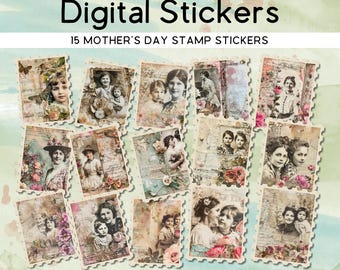 May include: Digital stickers featuring vintage-style images of women and children, designed as postage stamps. The stickers have a distressed, antique aesthetic with floral and script elements. The text "Digital Stickers" and "15 Mother's Day Stamp Stickers" are displayed.