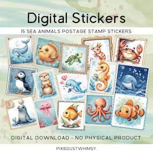 Può includere: Adesivi digitali con 15 animali marini in design di francobolli. Gli adesivi includono illustrazioni di balene, pesci, tartarughe, gamberetti, granchi, pulcinella di mare, lontre, delfini, cavallucci marini, foche, meduse, polpi e pesci pagliaccio. Il testo "Digital Stickers" è in alto.