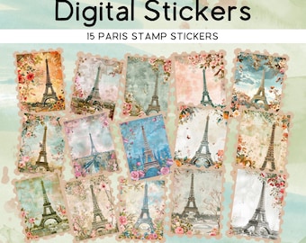 Paris Stamp Stickers, 15 PNG + PDF Sheet, Digital Download for Planner, Journal, Scrapbooking V1