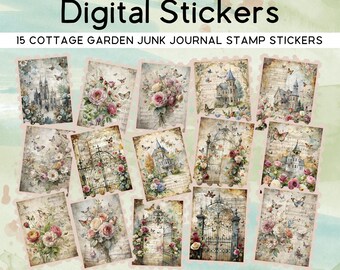 Cottage Garden Junk Journal Stamp Stickers, 15 PNG + PDF Sheet, Digital Download for Planner, Journal, Scrapbooking V1