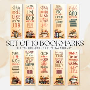 May include: Set of 10 digital bookmarks with fall-themed designs. Each bookmark features a unique quote about reading, with illustrations of books, pumpkins, and autumn leaves. The text includes phrases like "Stacking Books" and "Bookish and Proud."