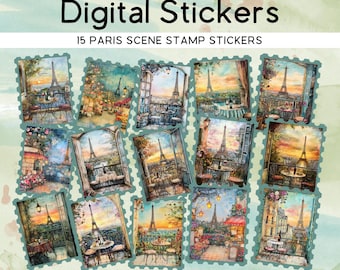 Paris Scene Stamp Stickers, 15 PNG + PDF Sheet, Digital Download for Planner, Journal, Scrapbooking