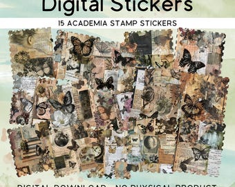 Puede incluir: Pegatinas digitales con un collage de efímeras vintage, mariposas e ilustraciones botánicas. El diseño incluye el texto "Digital Stickers" y "15 Academia Stamp Stickers". La estética general es una mezcla de elementos antiguos e inspirados en la naturaleza.