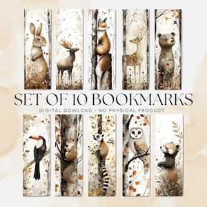Peut inclure: Ensemble de 10 marque-pages avec des illustrations à l'aquarelle d'animaux de la forêt, dont un lapin, un renard, un cerf et un ours. Chaque marque-page présente un design unique avec un fond de forêt. Le texte "SET OF 10 BOOKMARKS" est affiché.
