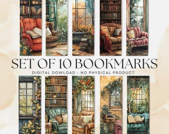 Junk Journal Cozy Reading Corner, Printable Bookmark Set (PDF and PNG Digital Download) V2