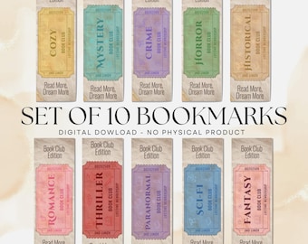 Book Club Ticket Bookmarks V1, Book Lover Gift, Various Genres (PDF and PNG Download)