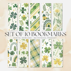 Peut inclure: Ensemble de 10 marque-pages décoratifs sur le thème de la Saint-Patrick. Chaque marque-page présente un design unique avec des trèfles, des arcs-en-ciel et des motifs floraux dans des tons de vert et de jaune. Le texte "SET OF 10 BOOKMARKS" est affiché.