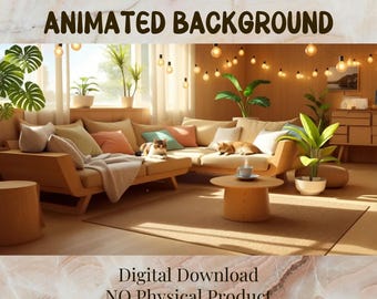 Könnte beinhalten: Ein gemütliches Wohnzimmer mit hellem Holzsofa, Kissen und Pflanzen. Der Text "ANIMATED BACKGROUND" steht oben und "Digital Download NO Physical Product" unten. Lichterketten und ein Couchtisch vervollständigen die Szene.