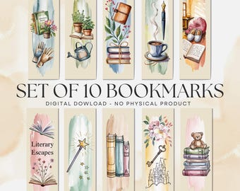 May include: Set of 10 watercolor bookmarks with various literary and cozy themes. Designs include books, gardening tools, coffee, a pen, and a teddy bear. The text on the image reads "SET OF 10 BOOKMARKS" and "DIGITAL DOWNLOAD - NO PHYSICAL PRODUCT."