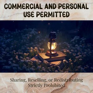 May include: A vintage lantern with a warm glow sits atop a stack of books amidst a field of small white flowers. The image has text that reads "COMMERCIAL AND PERSONAL USE PERMITTED" and "Sharing, Reselling, or Redistributing Strictly Prohibited."