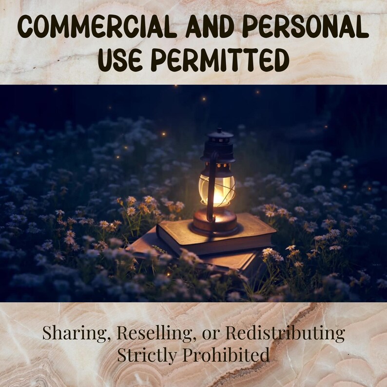 May include: A vintage lantern with a warm glow sits atop a stack of books amidst a field of small white flowers. The image has text that reads "COMMERCIAL AND PERSONAL USE PERMITTED" and "Sharing, Reselling, or Redistributing Strictly Prohibited."