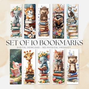 May include: Set of 10 digital bookmarks featuring adorable animal illustrations. Each bookmark showcases a different animal, such as an elephant, kitten, and hedgehog, atop a stack of books. The bookmarks are colorful and whimsical, perfect for book lovers.