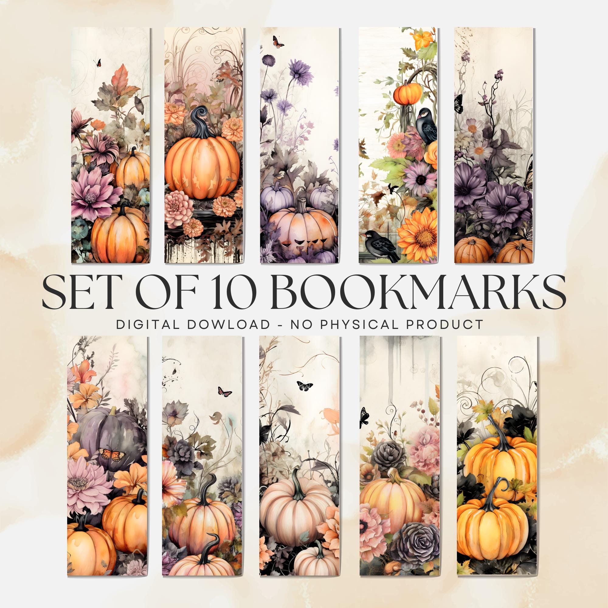 Fall Pumpkin Floral Halloween Bookmarks, Reading Gift (PDF and PNG ...