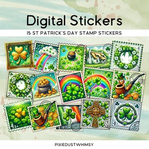 May include: Digital stickers featuring 15 St. Patrick's Day stamp designs. The stamps showcase shamrocks, rainbows, pots of gold, and Irish symbols. The stickers are colorful and include text such as "Digital Stickers" and "15 St Patrick's Day Stamp Stickers".