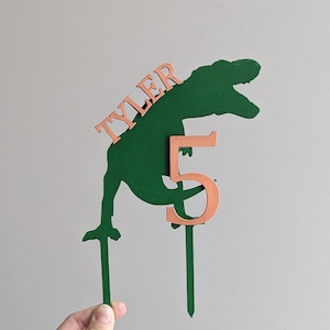 TRex Dinosaur Personalized Birthday Cake Topper with name and/or age.  Hand painted, sturdy, wooden custom cake topper for kids birthday