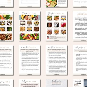 May include: A collection of digital meal planning pages featuring nutritional guides, charts for carb and protein sources, meal prep tips, and recipe instructions. The documents include text headers, food photography, and structured layouts for tracking diet.