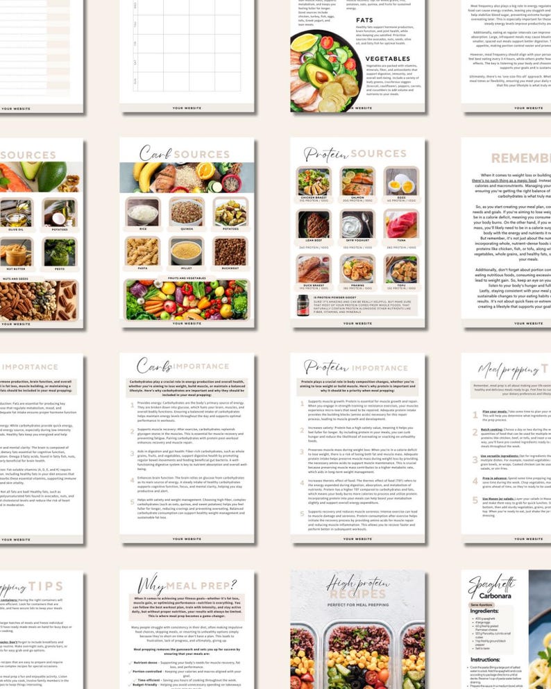May include: A collection of digital meal planning pages featuring nutritional guides, charts for carb and protein sources, meal prep tips, and recipe instructions. The documents include text headers, food photography, and structured layouts for tracking diet.