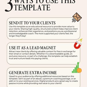 May include: A beige informational graphic titled 3 WAYS TO USE THIS TEMPLATE. It lists three sections: SEND IT TO YOUR CLIENTS with an envelope icon, USE IT AS A LEAD MAGNET with a magnet icon, and GENERATE EXTRA INCOME with a green bar chart icon.