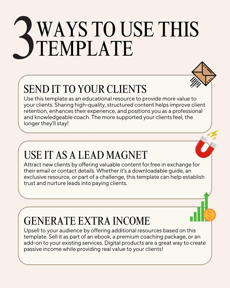 May include: A beige informational graphic titled 3 WAYS TO USE THIS TEMPLATE. It lists three sections: SEND IT TO YOUR CLIENTS with an envelope icon, USE IT AS A LEAD MAGNET with a magnet icon, and GENERATE EXTRA INCOME with a green bar chart icon.