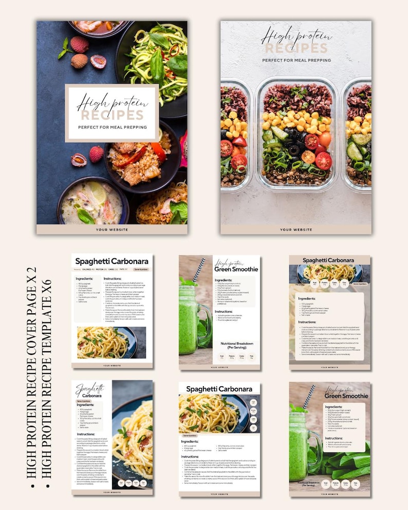 May include: A digital collection of high protein recipe templates featuring two cover page designs and six recipe card layouts. The templates display food photography, ingredient lists, instructions, and text fields for website branding.