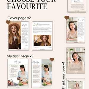 May include: A digital template collection featuring CHOOSE YOUR FAVOURITE text, two cover pages with a person in a hat, two My tips pages with a person cooking, and four Thank you pages with a person waving, all on a light beige background.