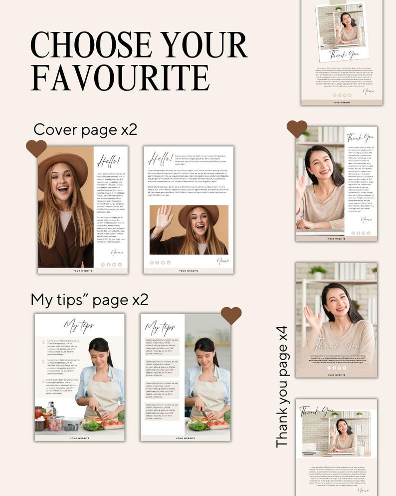 May include: A digital template collection featuring CHOOSE YOUR FAVOURITE text, two cover pages with a person in a hat, two My tips pages with a person cooking, and four Thank you pages with a person waving, all on a light beige background.