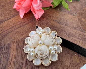 Vintage Gold Tone Floral Brooch with Mother of Pearl and Faux Pearls