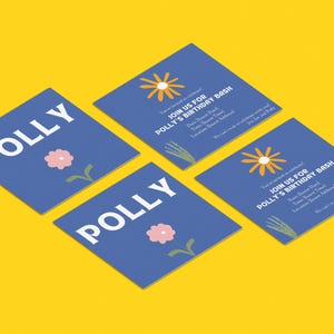 DIGITALE download kinderfeestuitnodiging, schattig, bloemen, blauwe lucht, gepersonaliseerde verjaardagsuitnodiging voor kinderen, kant-en-klaar, canva