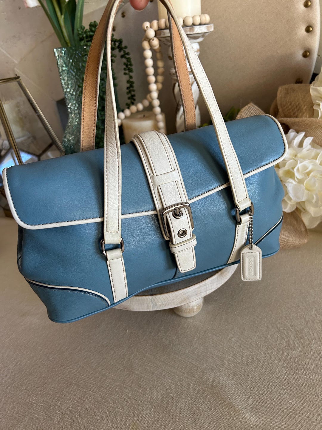 Vintage Coach Hampton Flap Satchel 9267 Glacier Baby Blue White